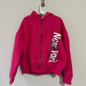 Kid U Not New York Graphic Zip Up Hoodie Hot Pink girls L